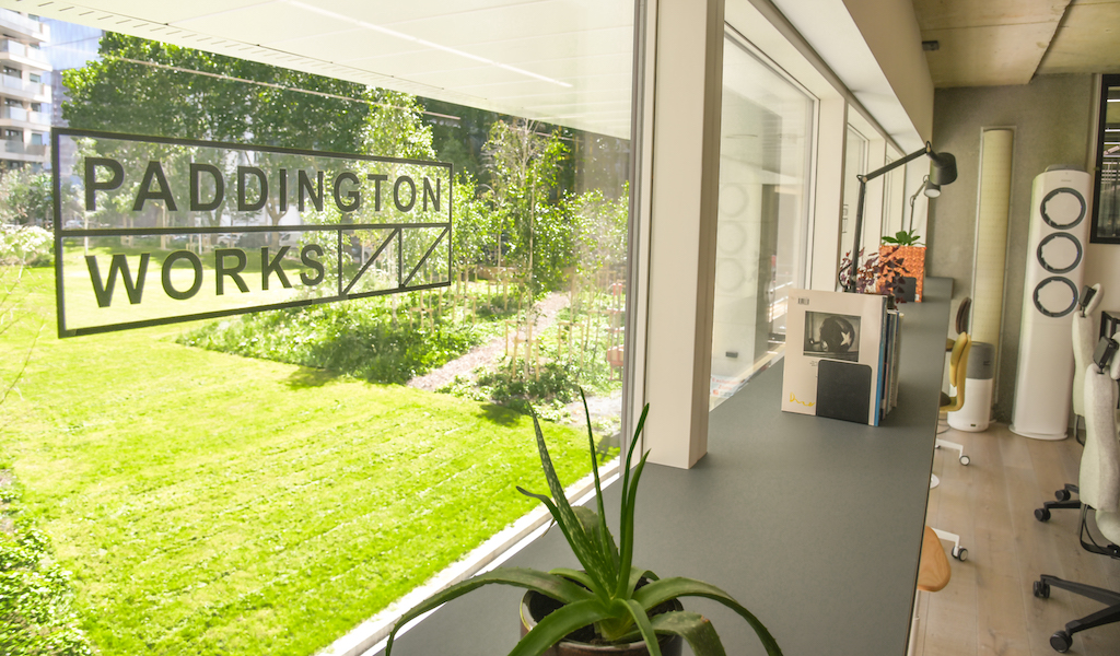 Garden of a sustainable coworking space with offices in Paddington, London.